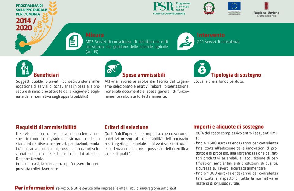 1 Servizi di consulenza Soggetti pubblici o privati riconosciuti idonei all erogazione di servizi di consulenza in base alle procedure di selezione attivate dalla Regione(disciplinate dalla normativa