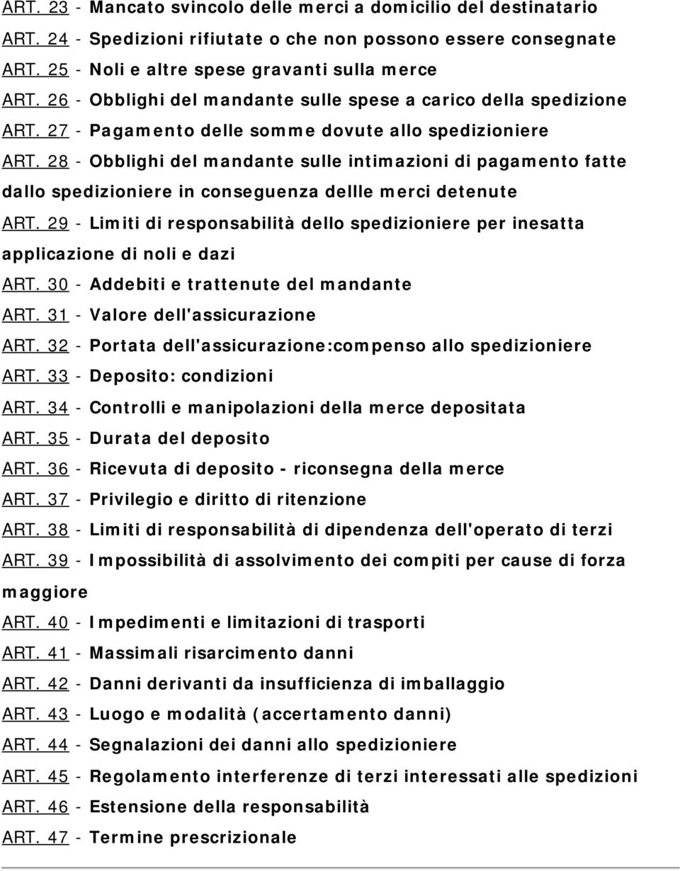 28 - Obblighi del mandante sulle intimazioni di pagamento fatte dallo spedizioniere in conseguenza dellle merci detenute ART.