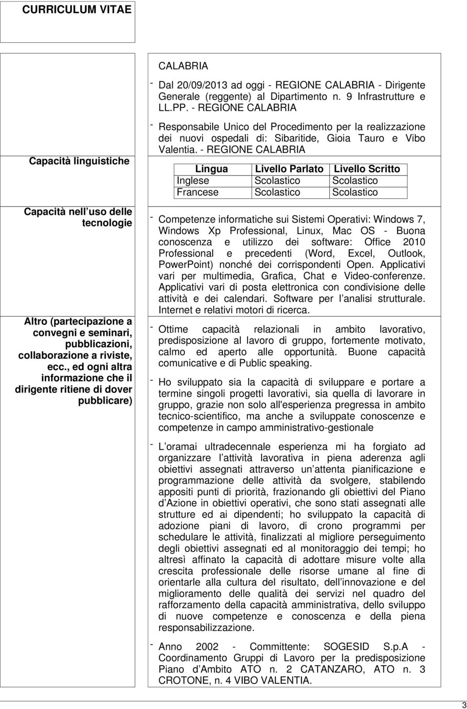 , ed ogni altra informazione che il dirigente ritiene di dover pubblicare) - Responsabile Unico del Procedimento per la realizzazione dei nuovi ospedali di: Sibaritide, Gioia Tauro e Vibo Valentia.