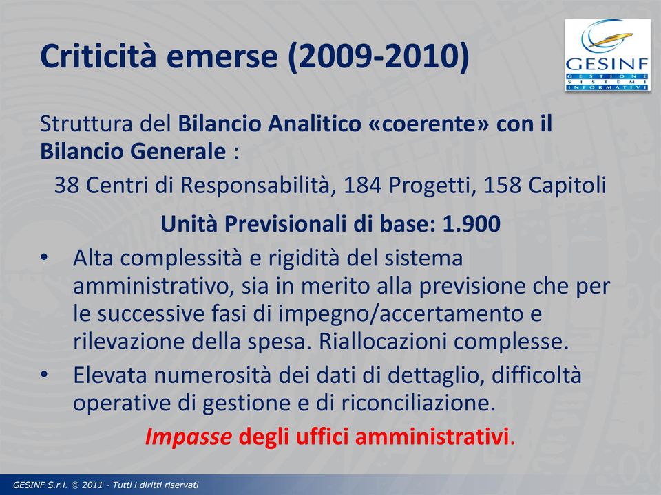 900 Alta complessità e rigidità del sistema amministrativo, sia in merito alla previsione che per le successive fasi di