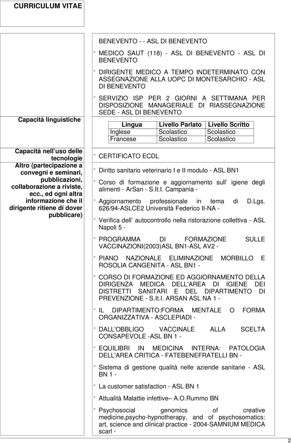 , ed ogni altra informazione che il dirigente ritiene di dover pubblicare) - SERVIZIO ISP PER 2 GIORNI A SETTIMANA PER DISPOSIZIONE MANAGERIALE DI RIASSEGNAZIONE SEDE - ASL DI BENEVENTO Lingua