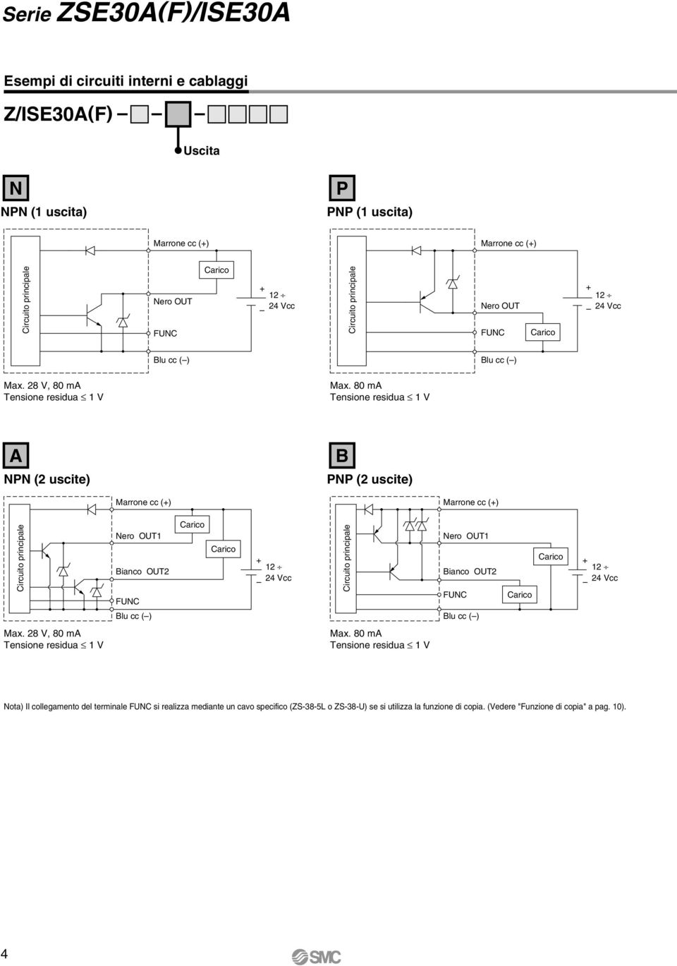 80 ma Tensione residua 1 V A B NPN (2 uscite) PNP (2 uscite) Marrone cc (+) Marrone cc (+) Circuito principale Nero OUT1 Bianco OUT2 + 12 24 Vcc Circuito principale Nero OUT1 Bianco OUT2 +