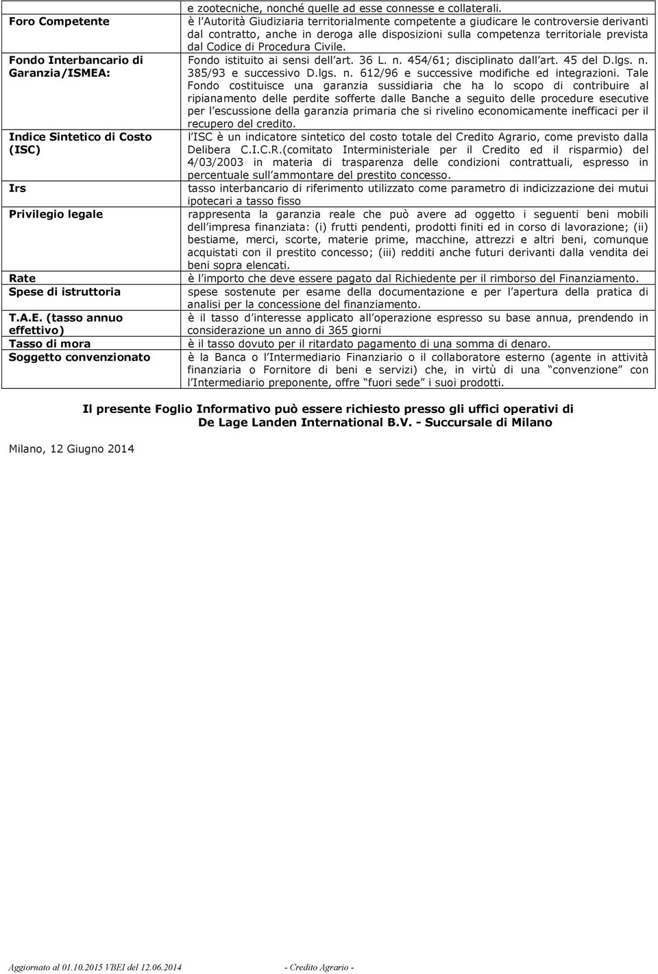 Procedura Civile. Fondo istituito ai sensi dell art. 36 L. n. 454/61; disciplinato dall art. 45 del D.lgs. n. 385/93 e successivo D.lgs. n. 612/96 e successive modifiche ed integrazioni.