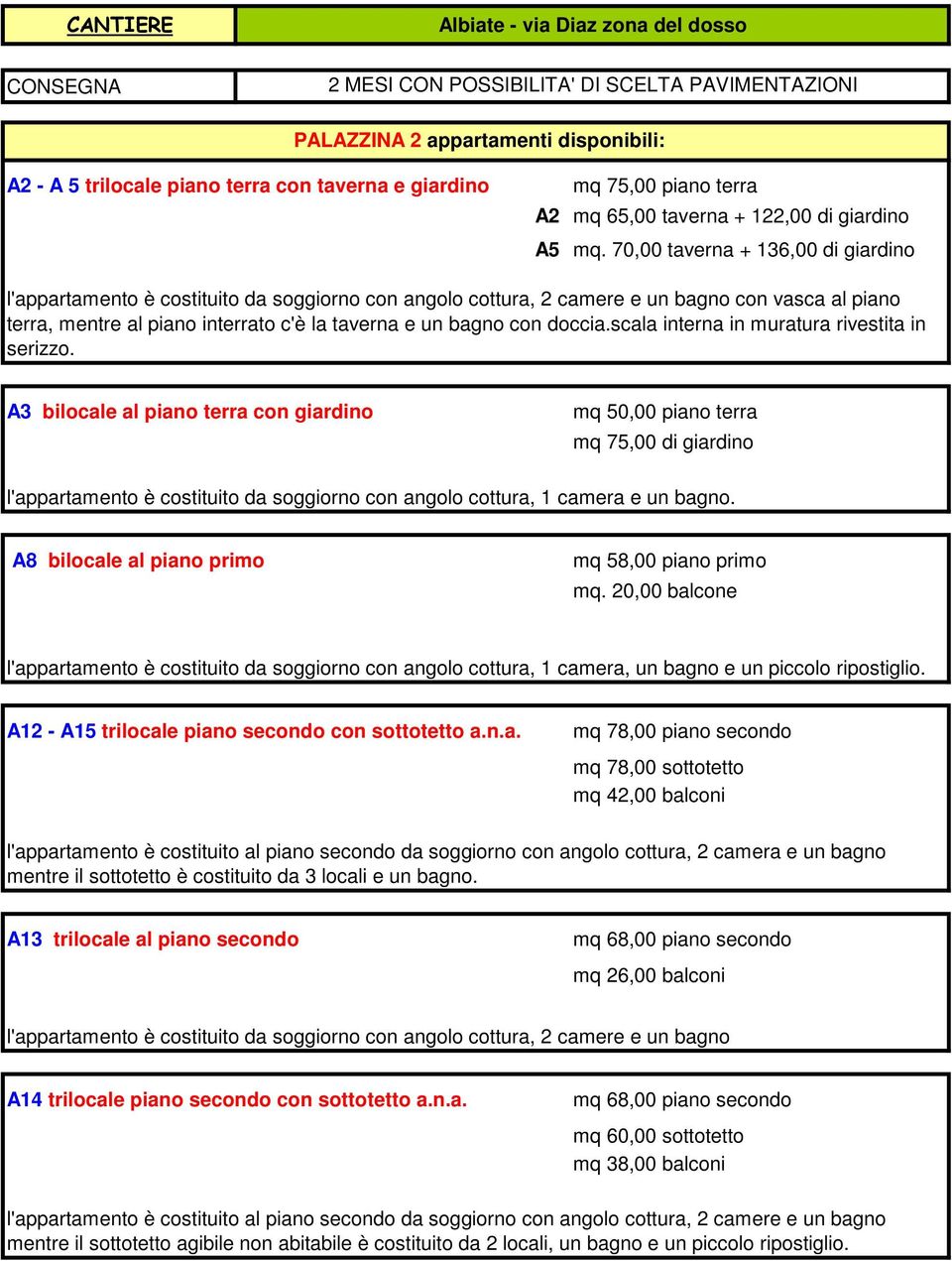 70,00 taverna + 136,00 di giardino l'appartamento è costituito da soggiorno con angolo cottura, 2 camere e un bagno con vasca al piano terra, mentre al piano interrato c'è la taverna e un bagno con