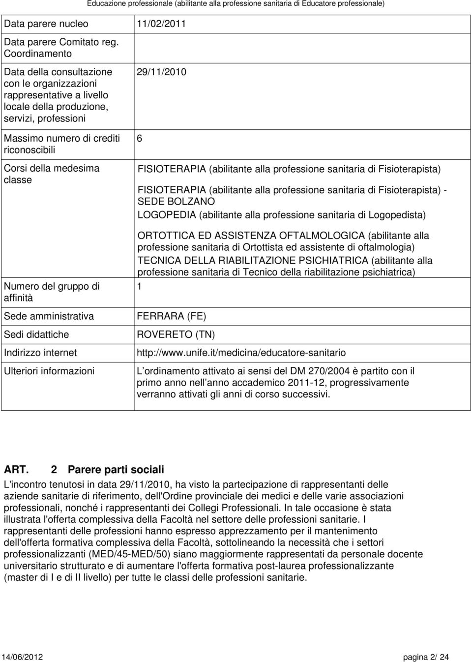 classe Numero del gruppo di affinità Sede amministrativa Sedi didattiche Indirizzo internet Ulteriori informazioni 9/11/010 6 FISIOTERAPIA (abilitante alla professione sanitaria di Fisioterapista)