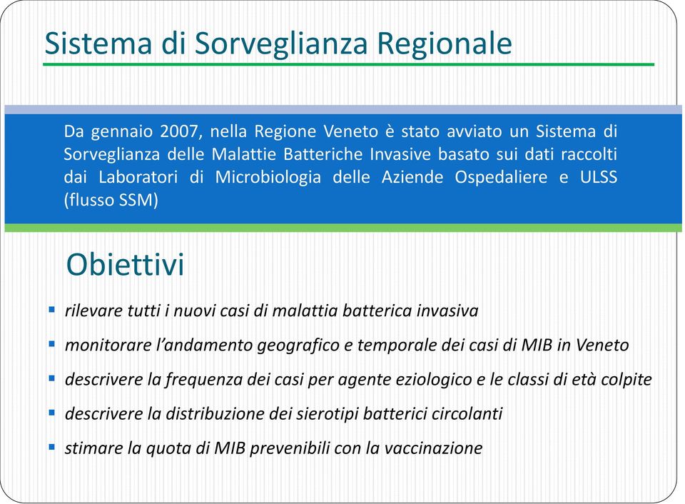 casi di malattia batterica invasiva monitorare l andamento geografico e temporale dei casi di MIB in Veneto descrivere la frequenza dei casi per