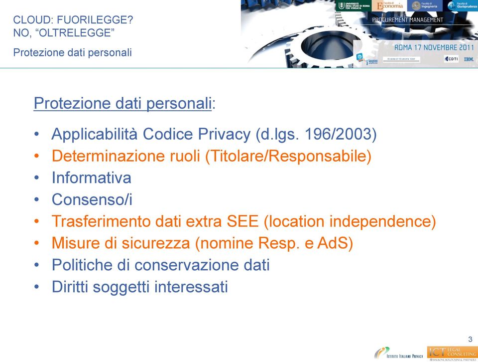 196/2003) Determinazione ruoli (Titolare/Responsabile) Informativa Consenso/i