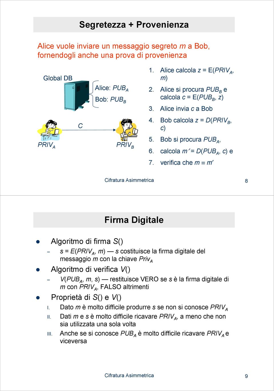 verifica che m m Cifratura Asimmetrica 8 Firma Digitale Algoritmo di firma S() s = E(PRIV A, m) s costituisce la firma digitale del messaggio m con la chiave Priv A Algoritmo di verifica V() V(PUB A,