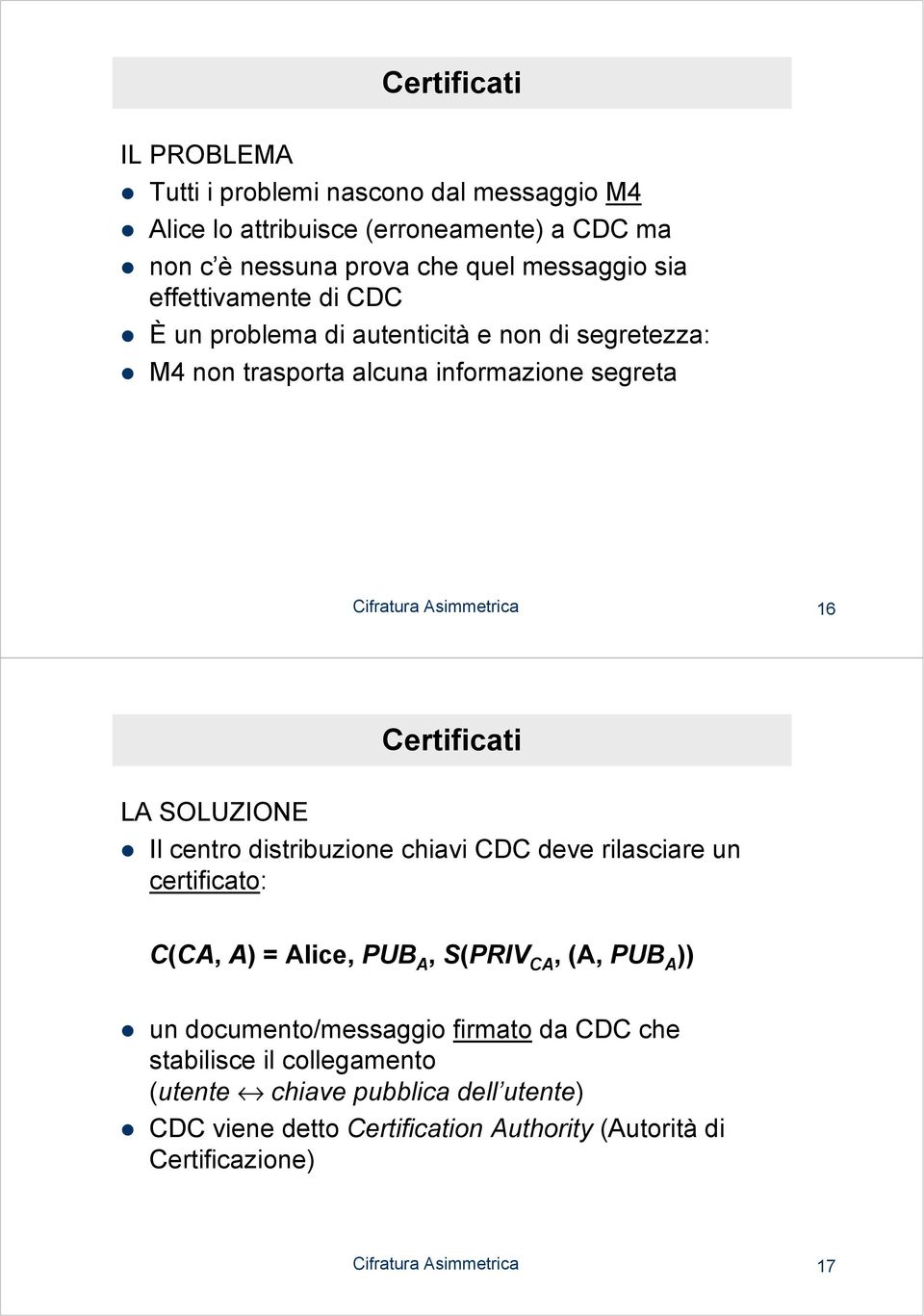SOLUZIONE Il centro distribuzione chiavi CDC deve rilasciare un certificato: C(CA, A) = Alice, PUB A, S(PRIV CA, (A, PUB A )) un documento/messaggio firmato da