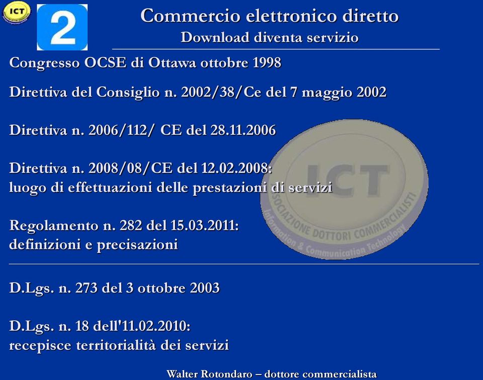 2008/08/CE del 12.02.2008: luogo di effettuazioni delle prestazioni di servizi Regolamento n. 282 del 15.03.