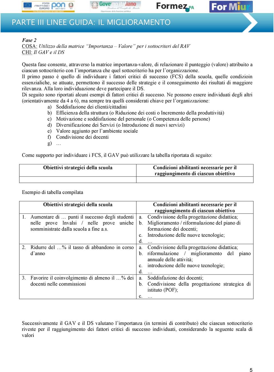 Il primo passo è quello di individuare i fattori critici di successo (FCS) della scuola, quelle condizioin essenzialiche, se attuate, permettono il successo delle strategie e il conseguimento dei