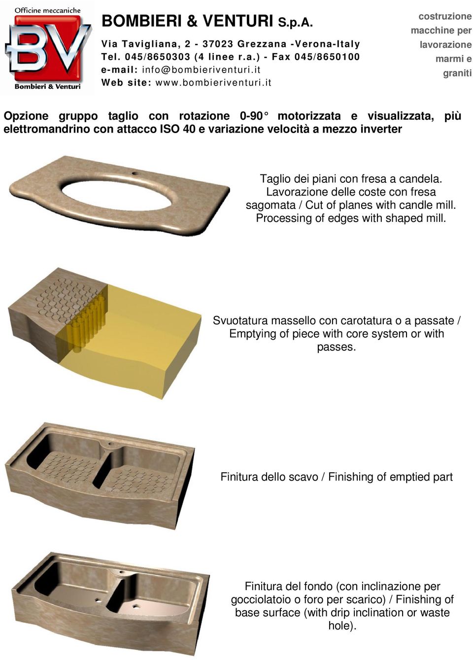 Processing of edges with shaped mill. Svuotatura massello con carotatura o a passate / Emptying of piece with core system or with passes.