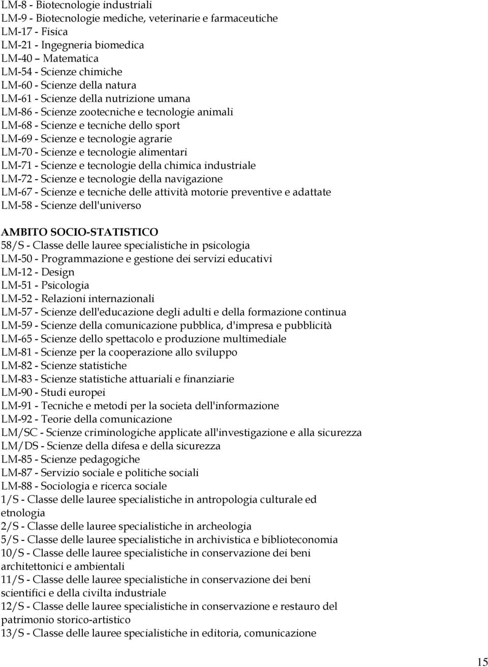 alimentari LM-71 - Scienze e tecnologie della chimica industriale LM-72 - Scienze e tecnologie della navigazione LM-67 - Scienze e tecniche delle attività motorie preventive e adattate LM-58 -