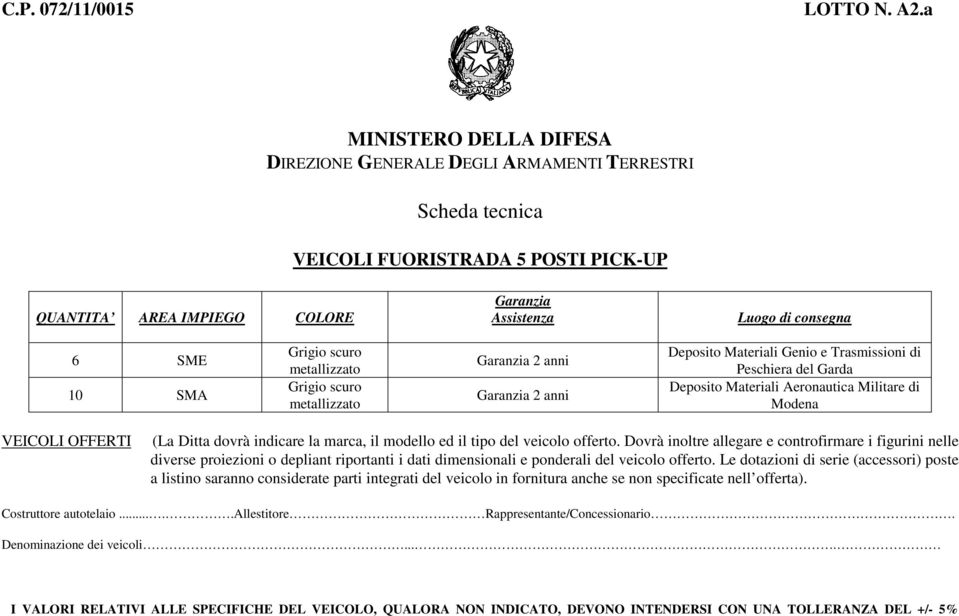 SMA Grigio scuro metallizzato Grigio scuro metallizzato Garanzia 2 anni Garanzia 2 anni Deposito Materiali Genio e Trasmissioni di Peschiera del Garda Deposito Materiali Aeronautica Militare di