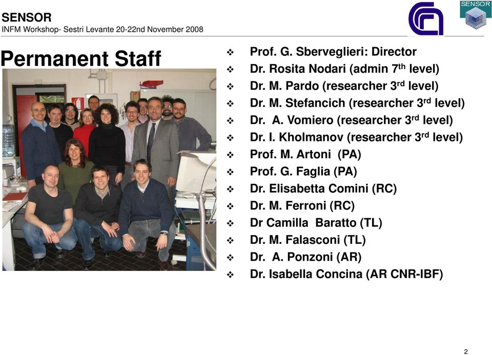 Vomiero (researcher 3 rd level) Dr. I. Kholmanov (researcher 3 rd level) Prof. M. Artoni (PA) Prof. G. Faglia (PA) Dr.