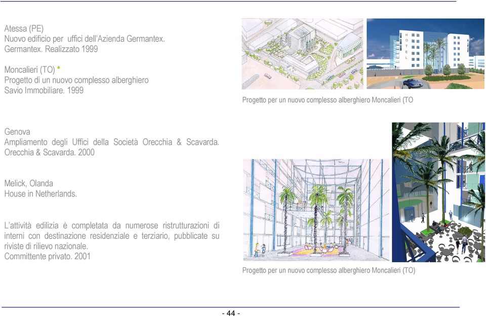 1999 Progetto per un nuovo complesso alberghiero Moncalieri (TO Genova Ampliamento degli Uffici della Società Orecchia & Scavarda.