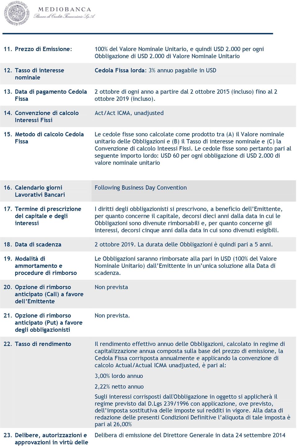 Metodo di calcolo Cedola Fissa Cedola Fissa lorda: 3% annuo pagabile in USD 2 ottobre di ogni anno a partire dal 2 ottobre 2015 (incluso) fino al 2 ottobre 2019 (incluso).