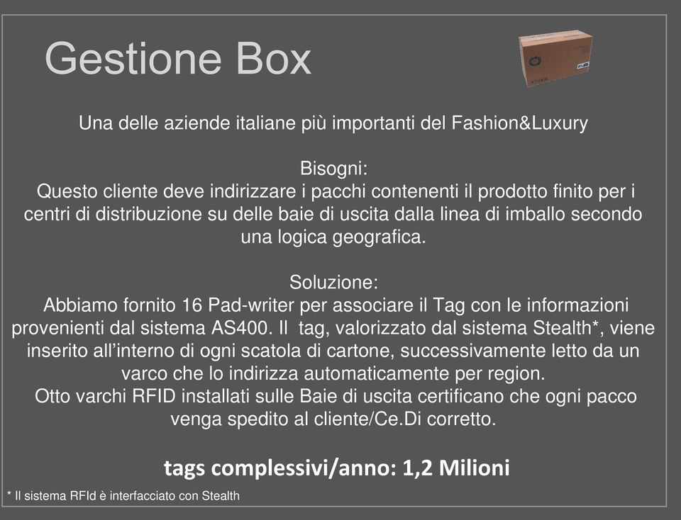 Il tag, valorizzato dal sistema Stealth*, viene inserito all interno di ogni scatola di cartone, successivamente letto da un varco che lo indirizza automaticamente per region.