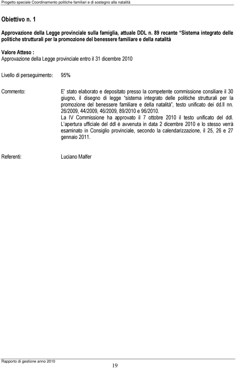 Livello di perseguimento: 95% Commento: E stato elaborato e depositato presso la competente commissione consiliare il 30 giugno, il disegno di legge sistema integrato delle politiche strutturali per