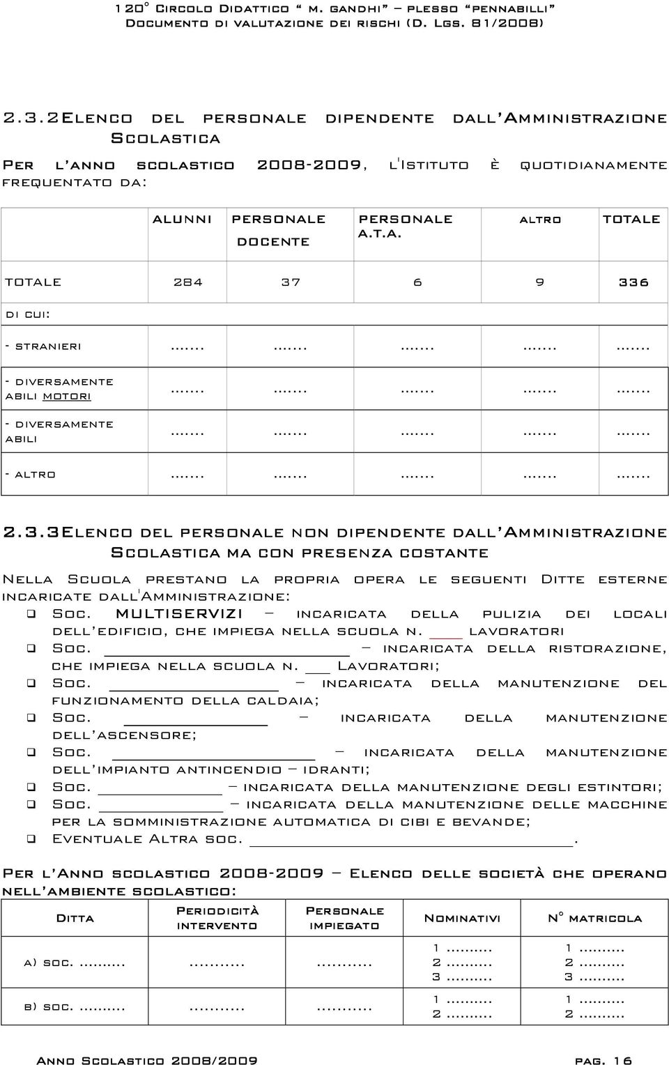 3 2.3.3ELENCO DEL PERSONALE NON DIPENDENTE DALL A AMMINISTRAZIONE SCOLASTICA MA CON PRESENZA COSTANTE Nella Scuola prestano la propria opera le seguenti Ditte esterne incaricate dall'amministrazione: Soc.