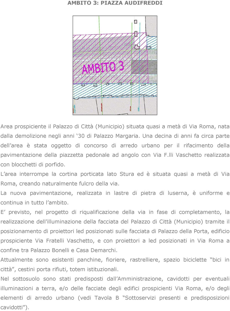 lli Vaschetto realizzata con blocchetti di porfido. L area interrompe la cortina porticata lato Stura ed è situata quasi a metà di Via Roma, creando naturalmente fulcro della via.