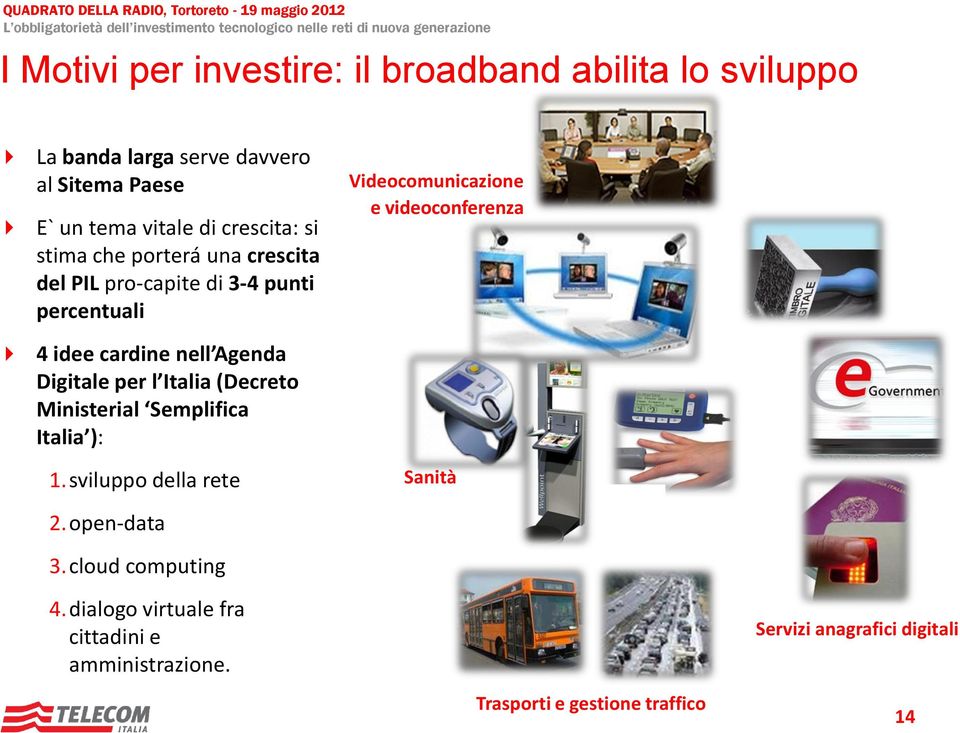 idee cardine nell Agenda Digitale per l Italia (Decreto Ministerial Semplifica Italia ): 1.sviluppo della rete Sanità 2.