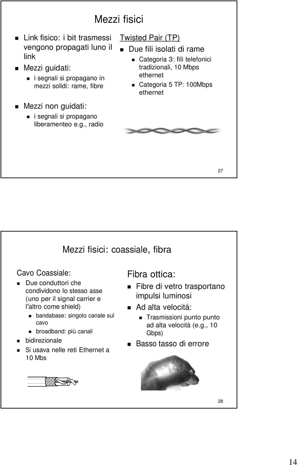 , radio Twisted Pair (TP) Due fili isolati di rame Categoria 3: fili telefonici tradizionali, 10 Mbps ethernet Categoria 5 TP: 100Mbps ethernet 27 Mezzi fisici: coassiale, fibra Cavo