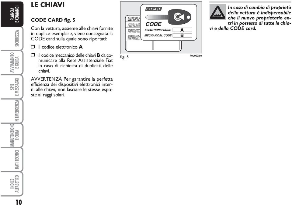 il codice meccanico delle chiavi B da comunicare alla Rete Assistenziale Fiat in caso di richiesta di duplicati delle chiavi.