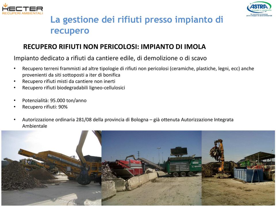 provenienti da siti sottoposti a iter di bonifica Recupero rifiuti misti da cantiere non inerti Recupero rifiuti biodegradabili ligneo-cellulosici