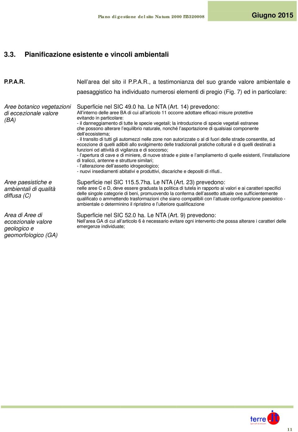 , a testimonianza del suo grande valore ambientale e paesaggistico ha individuato numerosi elementi di pregio (Fig. 7) ed in particolare: Superficie nel SIC 49.0 ha. Le NTA (Art.