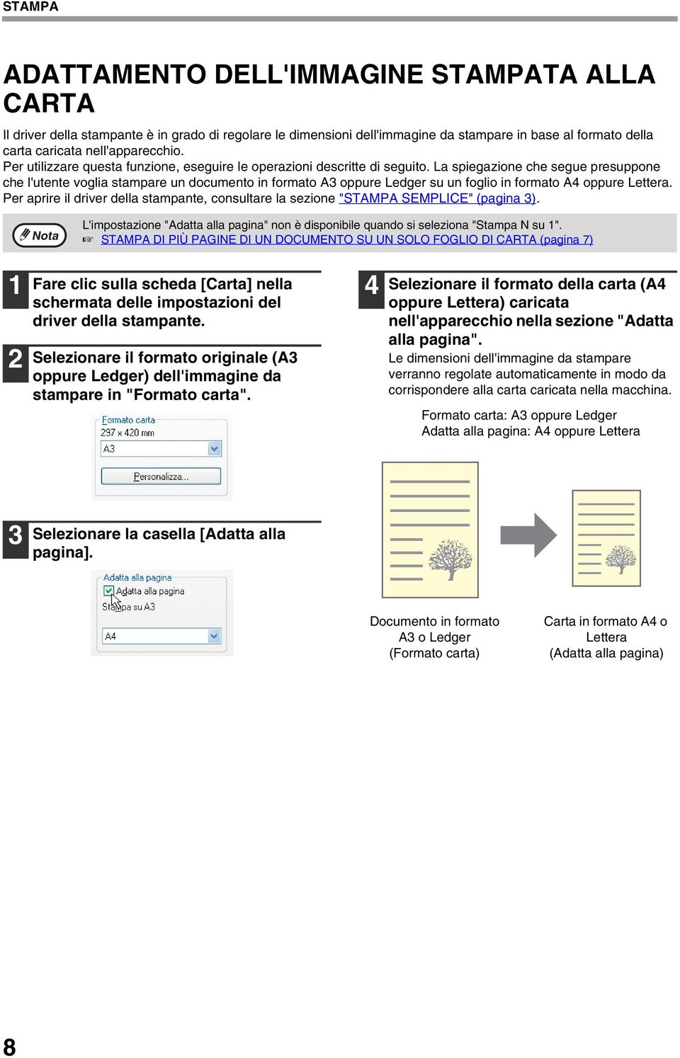 La spiegazione che segue presuppone che l'utente voglia stampare un documento in formato A oppure Ledger su un foglio in formato A4 oppure Lettera.