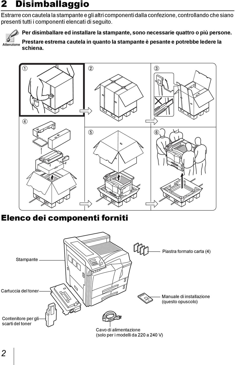 Prestare estrema cautela in quanto la stampante è pesante e potrebbe ledere la Attenzione schiena.