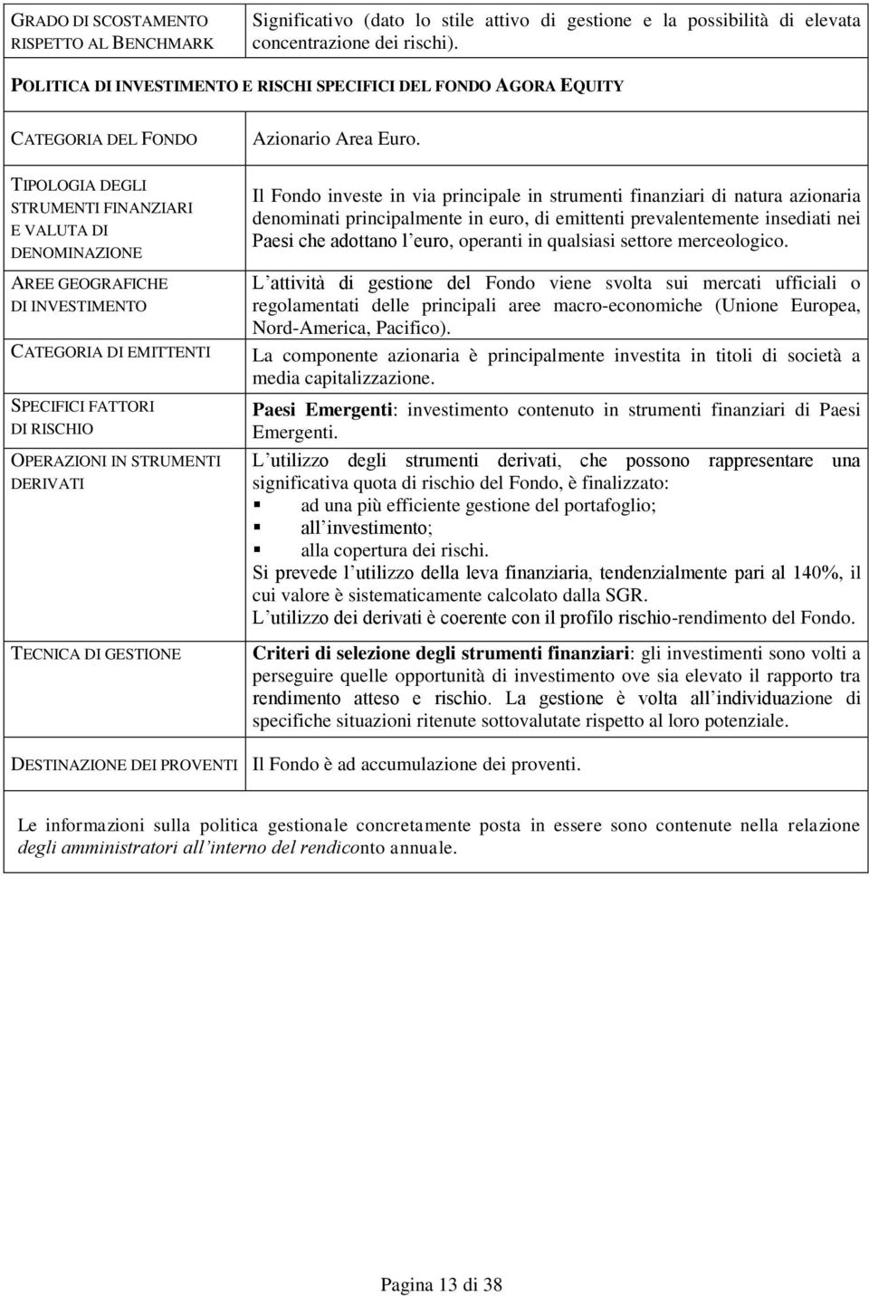 TIPOLOGIA DEGLI STRUMENTI FINANZIARI E VALUTA DI DENOMINAZIONE AREE GEOGRAFICHE DI INVESTIMENTO CATEGORIA DI EMITTENTI SPECIFICI FATTORI DI RISCHIO OPERAZIONI IN STRUMENTI DERIVATI TECNICA DI