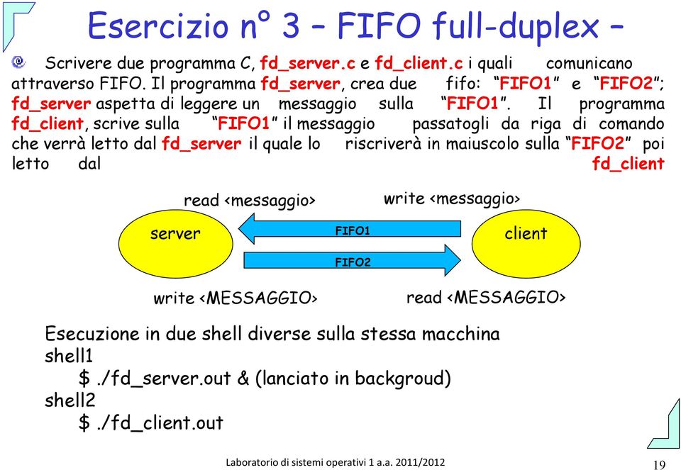 Il programma fd_client, scrive sulla FIFO1 il messaggio passatogli da riga di comando che verrà letto dal fd_server il quale lo riscriverà in maiuscolo sulla