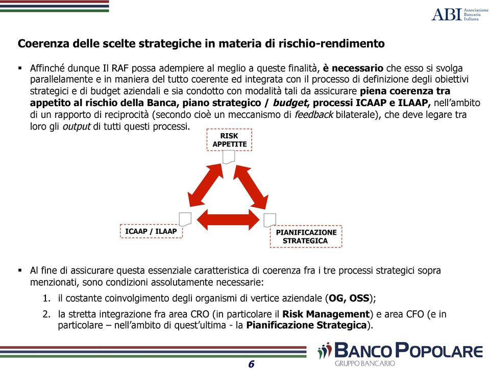 Banca, piano strategico / budget, processi ICAAP e ILAAP, nell ambito di un rapporto di reciprocità (secondo cioè un meccanismo di feedback bilaterale), che deve legare tra loro gli output di tutti