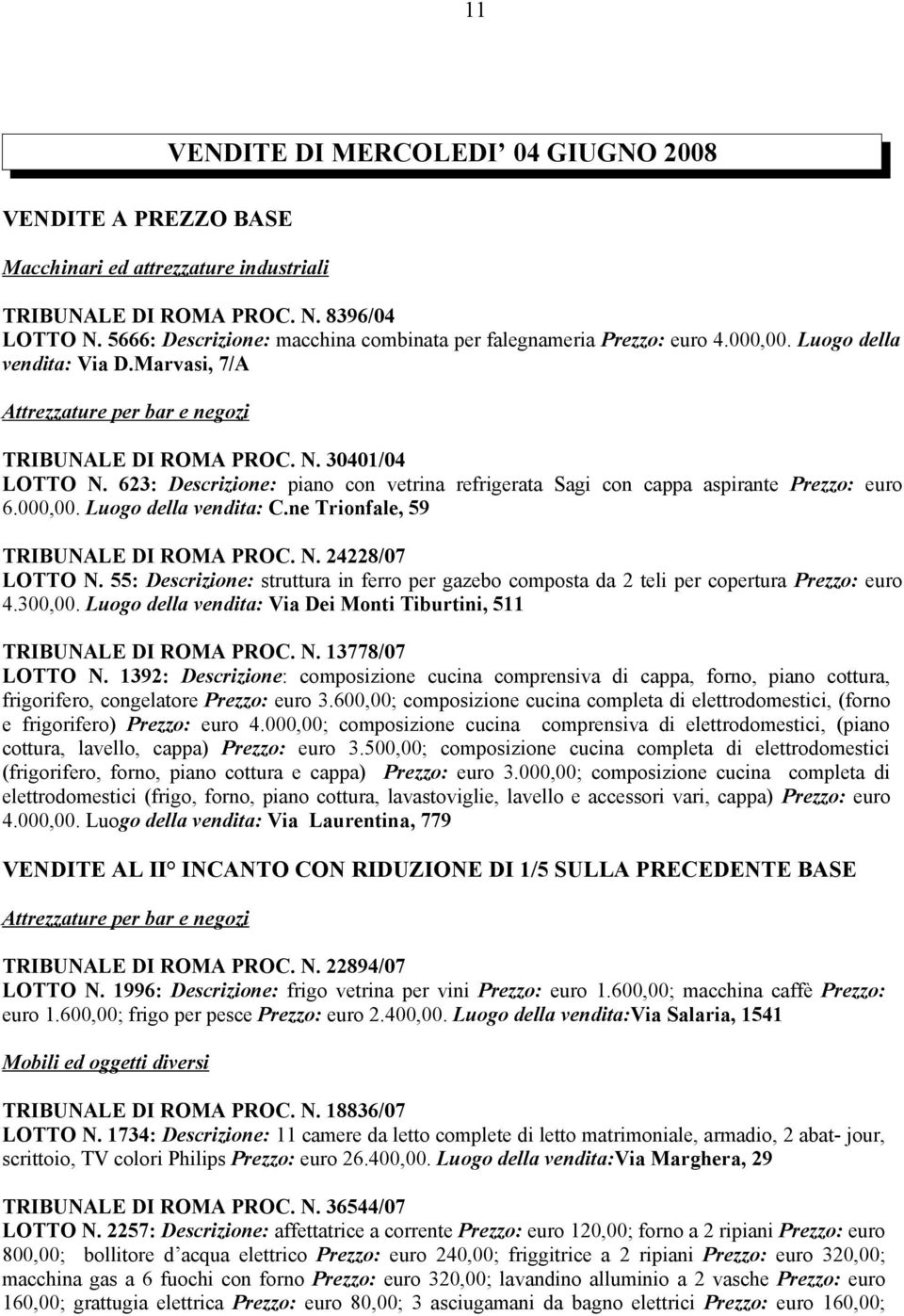 623: Descrizione: piano con vetrina refrigerata Sagi con cappa aspirante Prezzo: euro 6.000,00. Luogo della vendita: C.ne Trionfale, 59 TRIBUNALE DI ROMA PROC. N. 24228/07 LOTTO N.