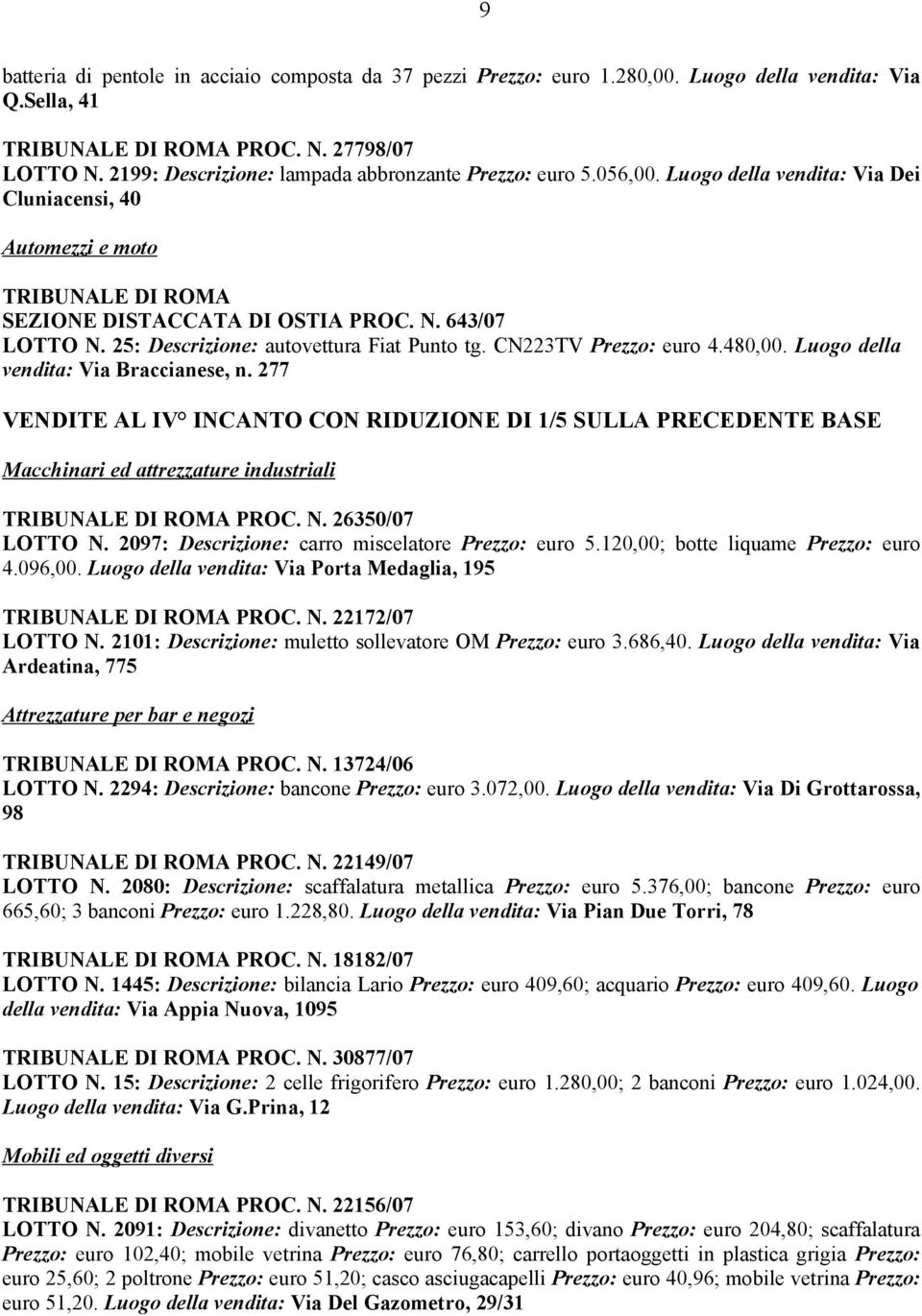 25: Descrizione: autovettura Fiat Punto tg. CN223TV Prezzo: euro 4.480,00. Luogo della vendita: Via Braccianese, n.