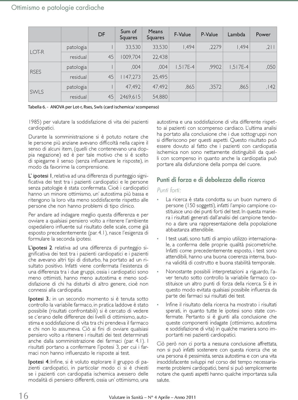 - ANOVA per Lot-r, Rses, Swls (card ischemica/ scompenso) 1985) per valutare la soddisfazione di vita dei pazienti cardiopatici.