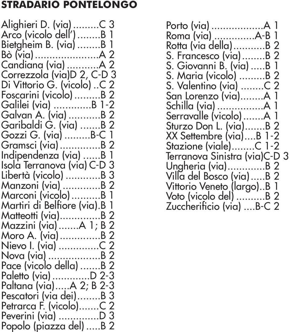 ..b Marconi (vicolo)...b 1 Martiri di Belfiore (via).b 1 Matteotti (via)...b Mazzini (via)...a 1; B Moro A. (via)...b Nievo I. (via)...c Nova (via)...b Pace (vicolo della)...b Paletto (via).