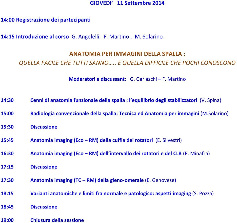 Spina) 15:00 Radiologia convenzionale della spalla: Tecnica ed Anatomia per immagini (M.Solarino) 15:30 Discussione 15:45 Anatomia imaging (Eco RM) della cuffia dei rotatori (E.