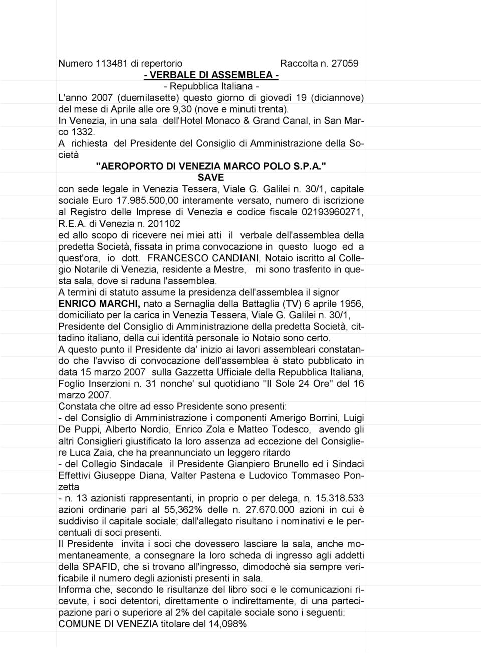 In Venezia, in una sala dell'hotel Monaco & Grand Canal, in San Marco 1332. A richiesta del Presidente del Consiglio di Amministrazione della Società "AEROPORTO DI VENEZIA MARCO POLO S.P.A." SAVE con sede legale in Venezia Tessera, Viale G.