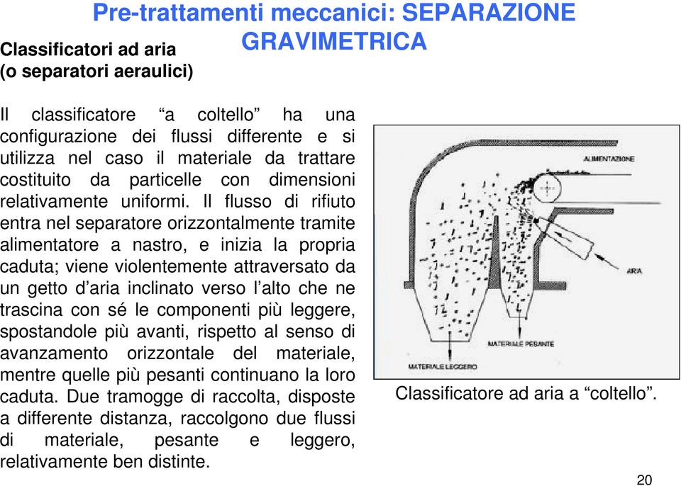 Il flusso di rifiuto entra nel separatore orizzontalmente tramite alimentatore a nastro, e inizia la propria caduta; viene violentemente attraversato da un getto d aria inclinato verso l alto che ne