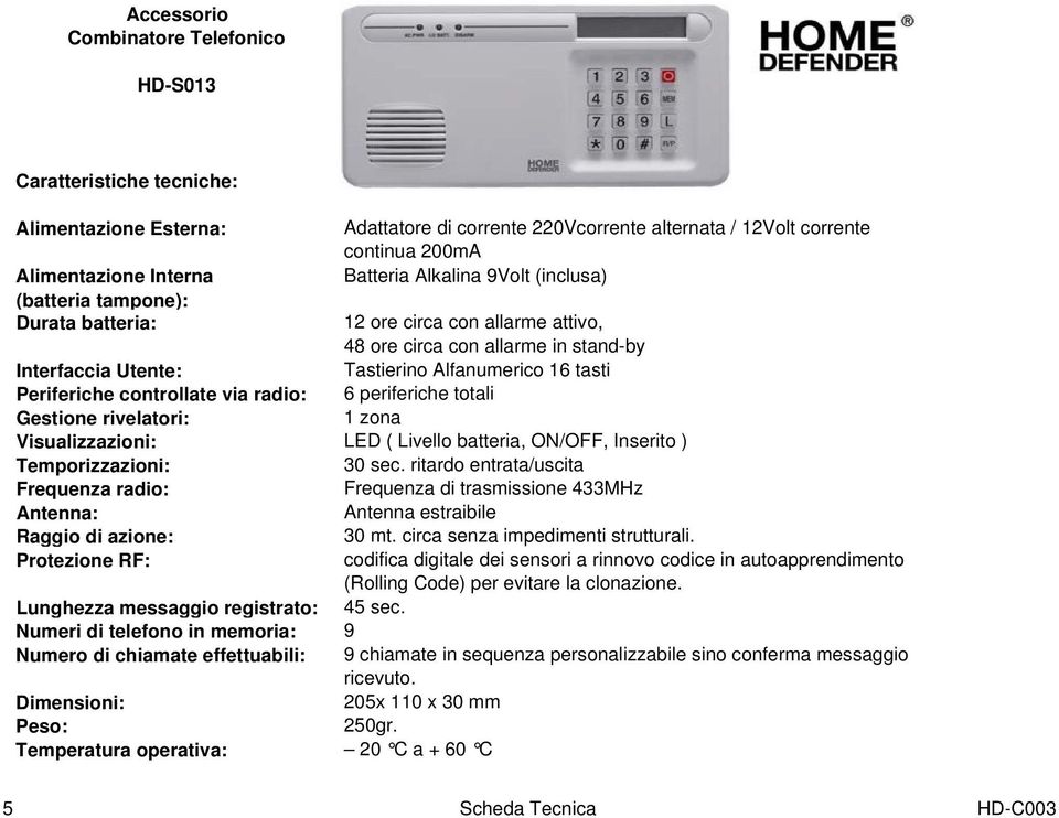 Gestione rivelatori: 1 zona Visualizzazioni: LED ( Livello batteria, ON/OFF, Inserito ) Temporizzazioni: 30 sec.