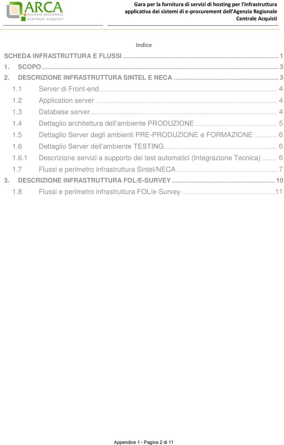 6 Dettaglio dell ambiente TESTING... 6 1.6.1 Descrizione servizi a supporto dei test automatici (Integrazione Tecnica)... 6 1.7 Flussi e perimetro infrastruttura Sintel/NECA.