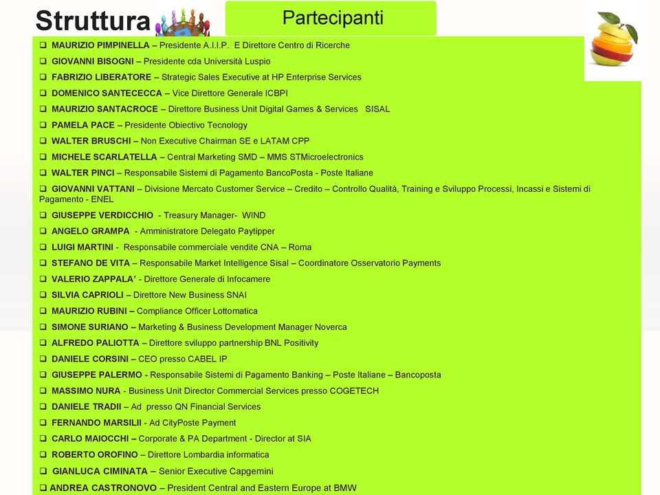 MPINELLA Presidente A.I.I.P. E Direttore Centro di Ricerche GIOVANNI BISOGNI Presidente cda Università Luspio FABRIZIO LIBERATORE Strategic Sales Executive at HP Enterprise Services DOMENICO