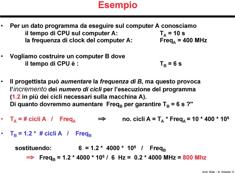 del programma (1.2 in più dei cicli necessari sulla macchina A). Di quanto dovremmo aumentare Freq B per garantire T B = 6 s?" T A = # cicli A / Freq A no.