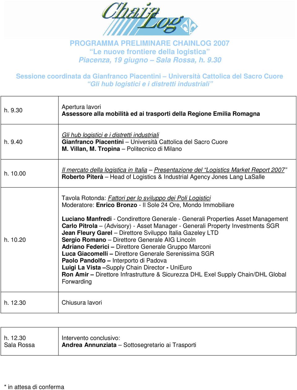 00 Il mercato della logistica in Italia Presentazione del Logistics Market Report 2007 Roberto Piterà Head of Logistics & Industrial Agency Jones Lang LaSalle Tavola Rotonda: Fattori per lo sviluppo