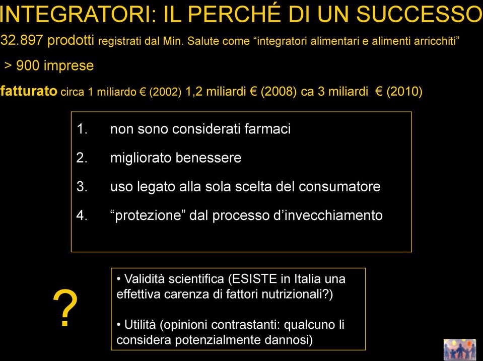 miliardi (2010) 1. non sono considerati farmaci 2. migliorato benessere 3. uso legato alla sola scelta del consumatore 4.