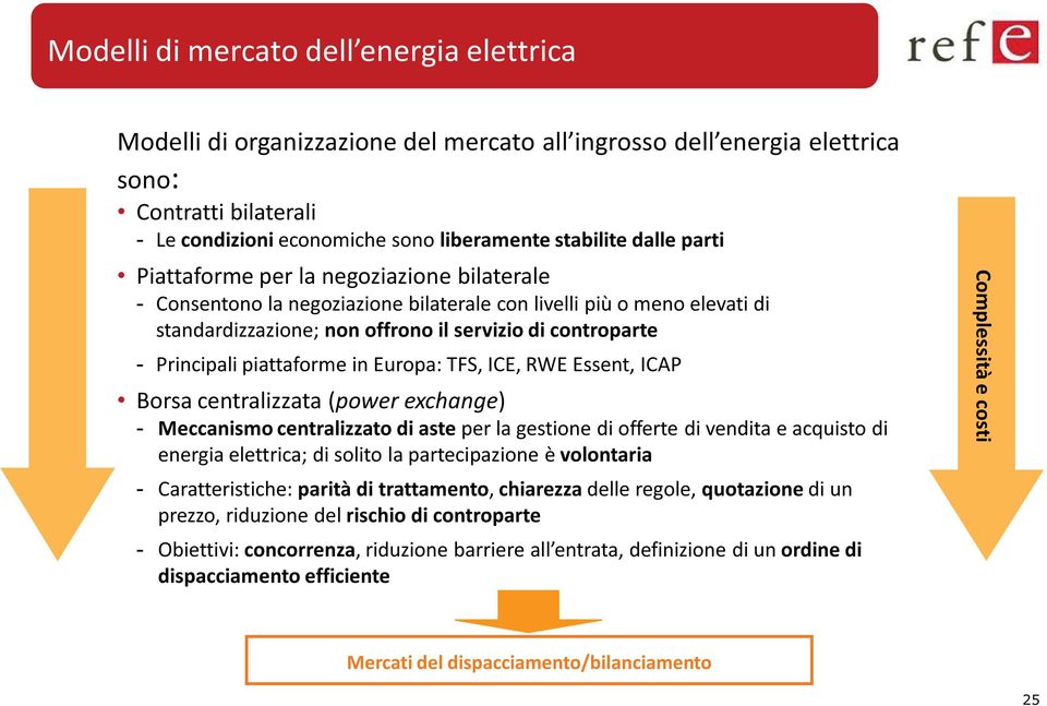 piattaforme in Europa: TFS, ICE, RWE Essent, ICAP Borsa centralizzata (power exchange) - Meccanismo centralizzato di aste per la gestione di offerte di vendita e acquisto di energia elettrica; di