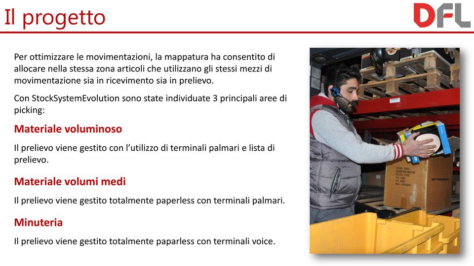 Con StockSystemEvolution sono state individuate 3 principali aree di picking: Materiale voluminoso Il prelievo viene gestito con l